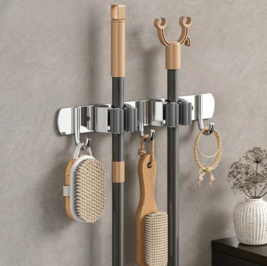 Wall Mounted Stainless Steel Mop Broom Holder (2 Clips And 3 Hooks)