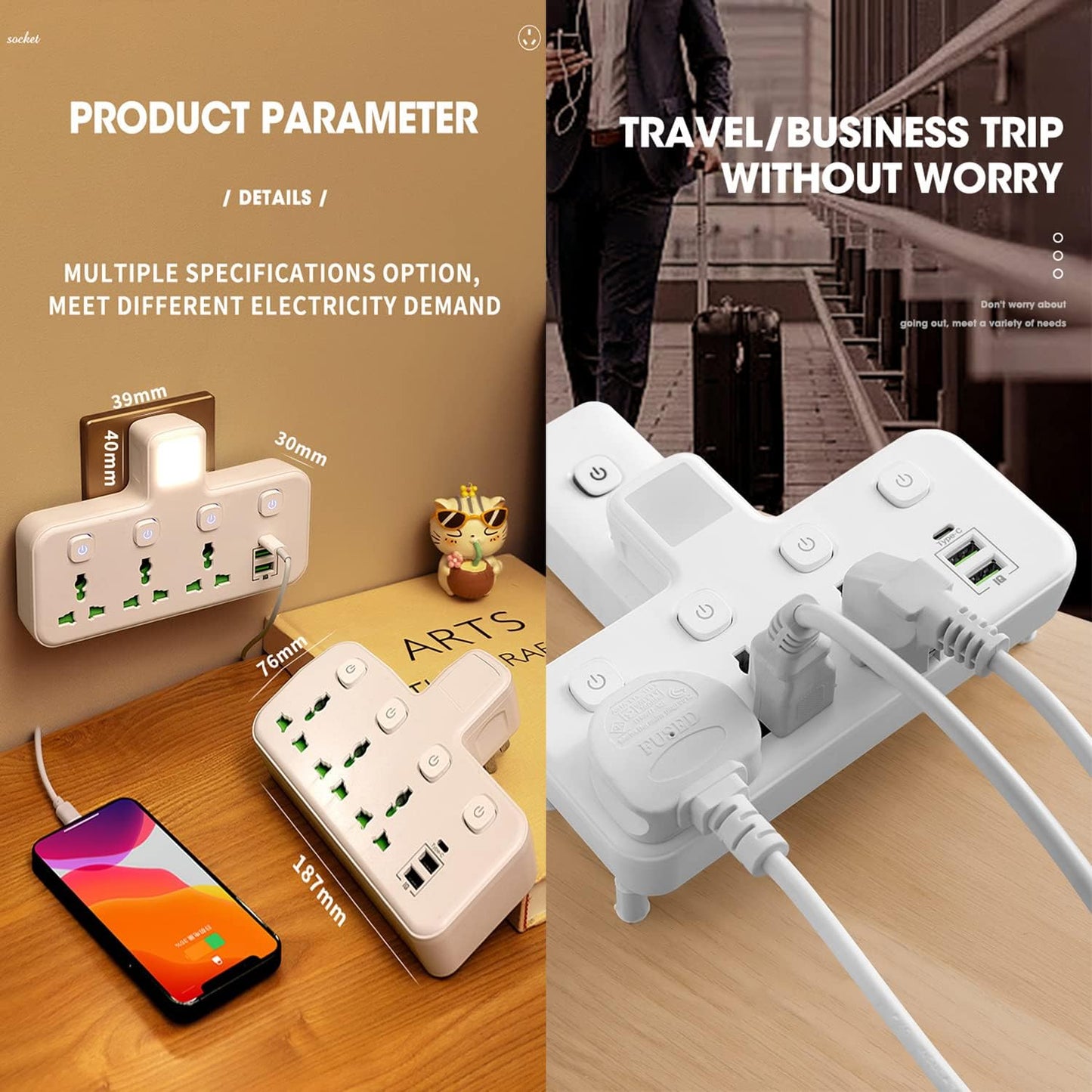 Multifunctional Wall Plug Socket With Night Light