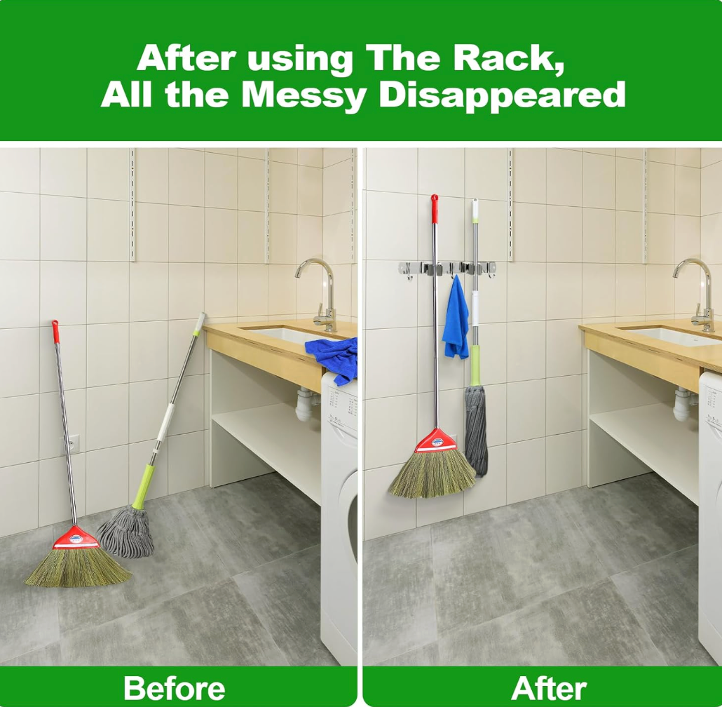 Wall Mounted Stainless Steel Mop Broom Holder (2 Clips And 3 Hooks)