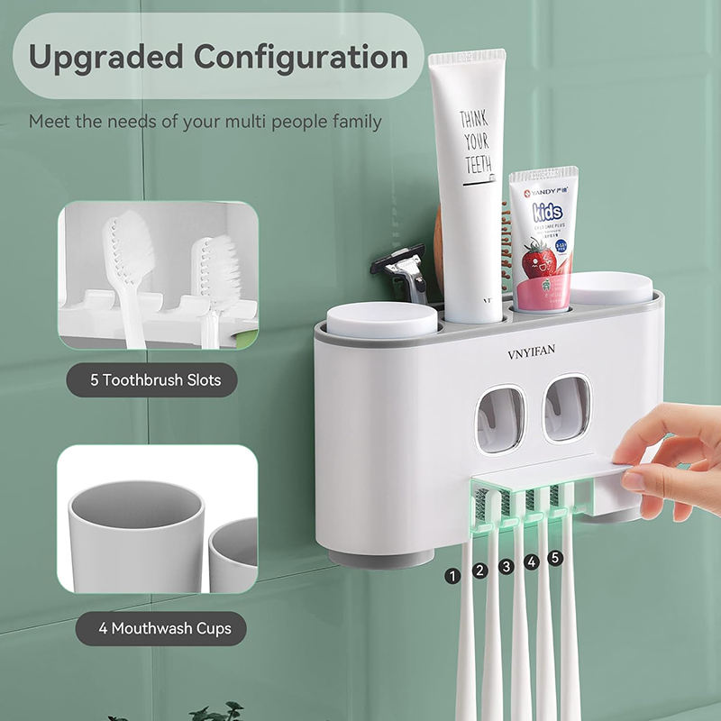 Wall Mounted Toothbrush Holder With 2 Vacuum Squeezer
