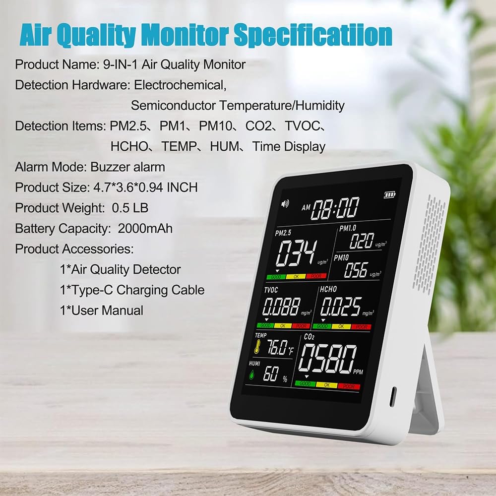 Portable 8 In 1 Gas Detector With AQI Alerts