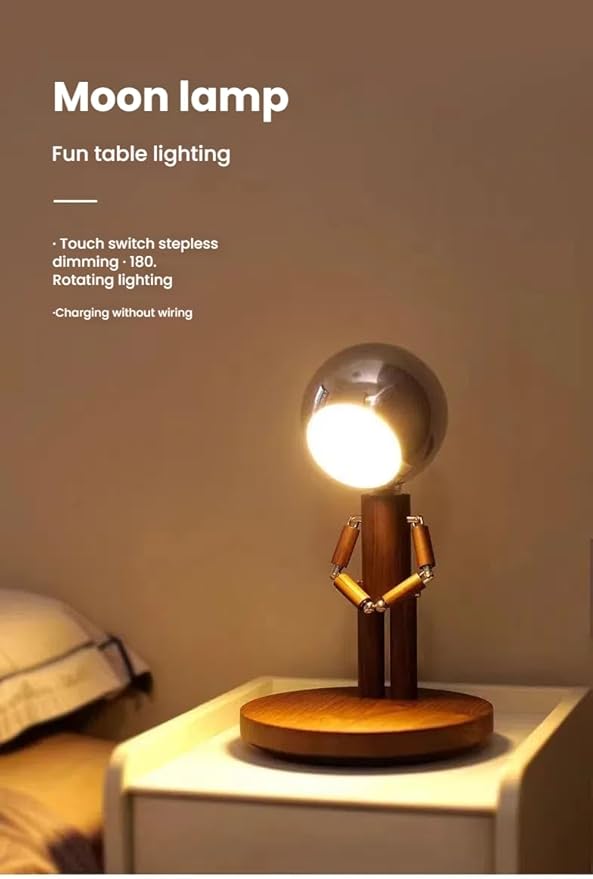 Rechargeable Wooden Robot Desk Lamp with Touch Control