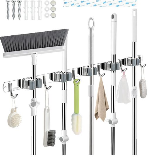 Wall Mounted Stainless Steel Mop Broom Holder (5 Clips and 6 Hooks)