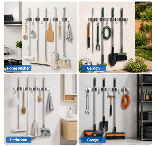 Wall Mounted Stainless Steel Mop Broom Holder (5 Clips and 6 Hooks)