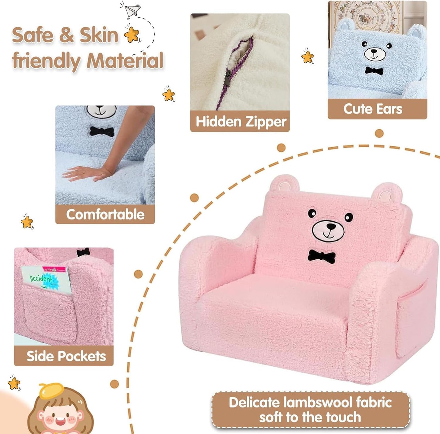2-in-1 Plush Fold-Out Toddler Couch