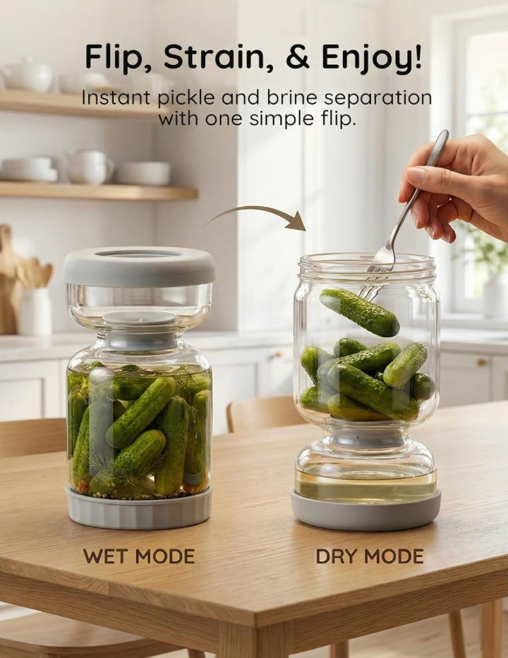 Double Layer Drain Design Glass Pickle Jar
