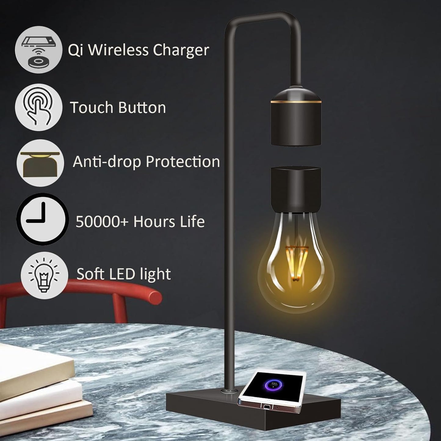 Magnetic Levitating Lamp with Built-In Wireless Charger,