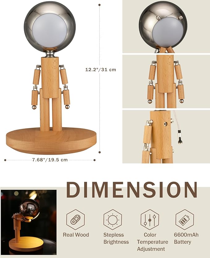 Rechargeable Wooden Robot Desk Lamp with Touch Control