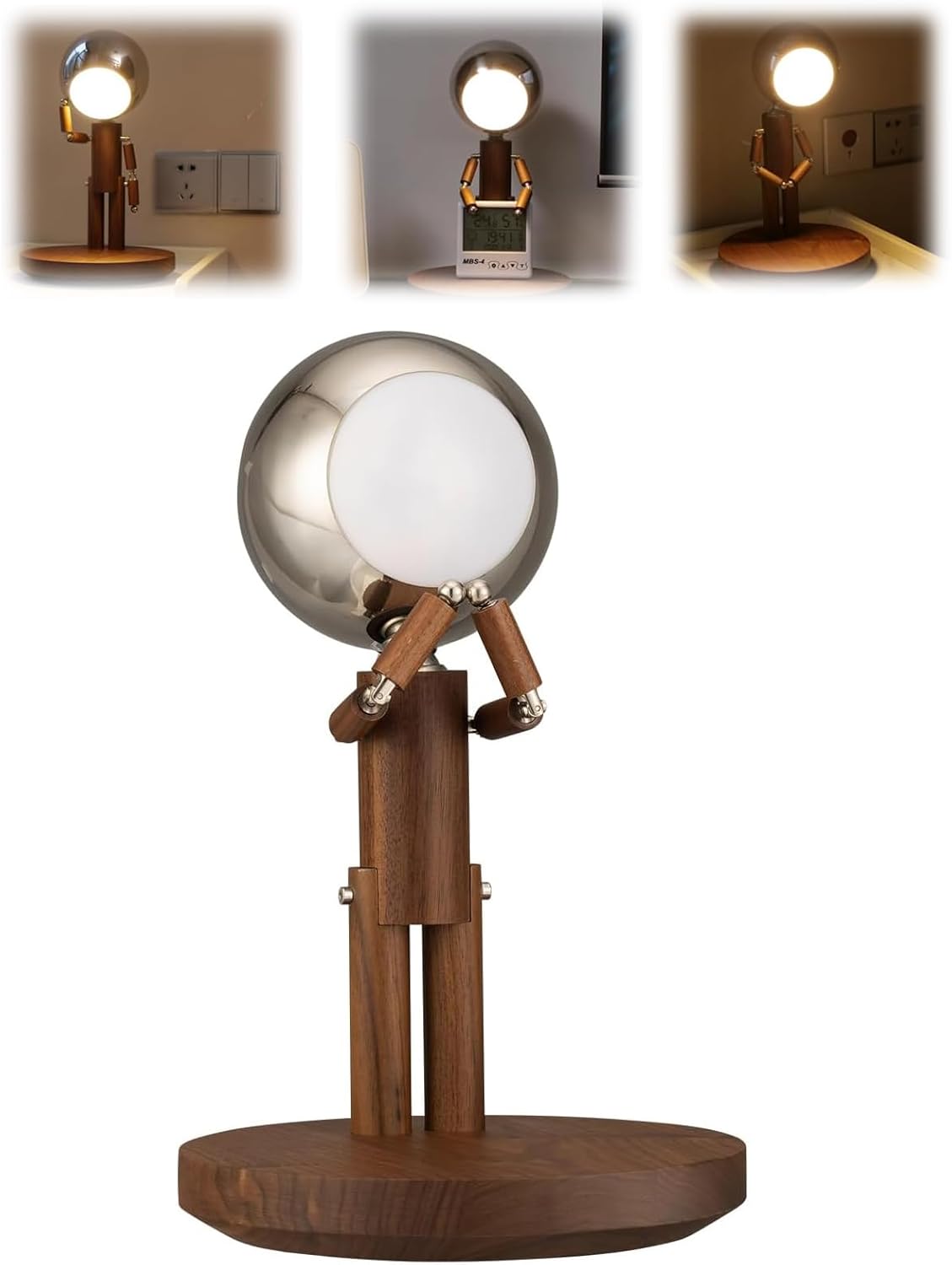 Rechargeable Wooden Robot Desk Lamp with Touch Control